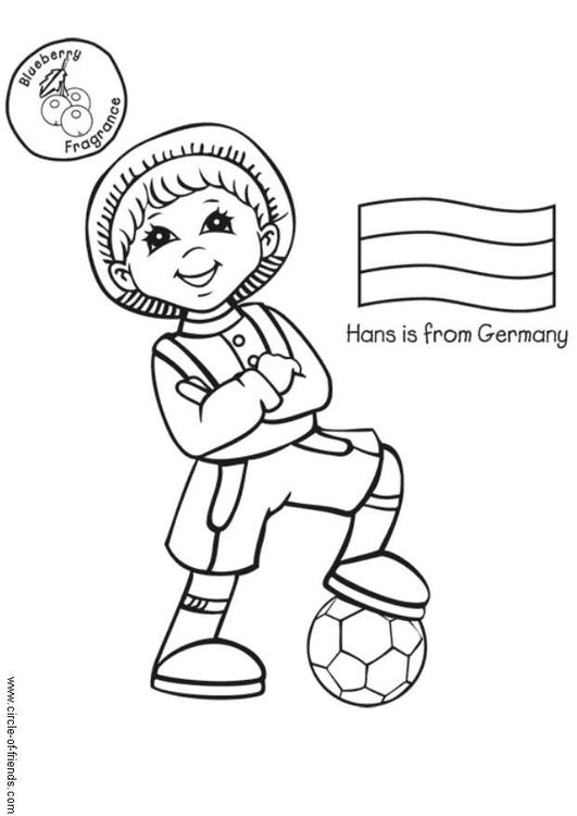 Página para colorir Hans com a bandeira da Alemanha