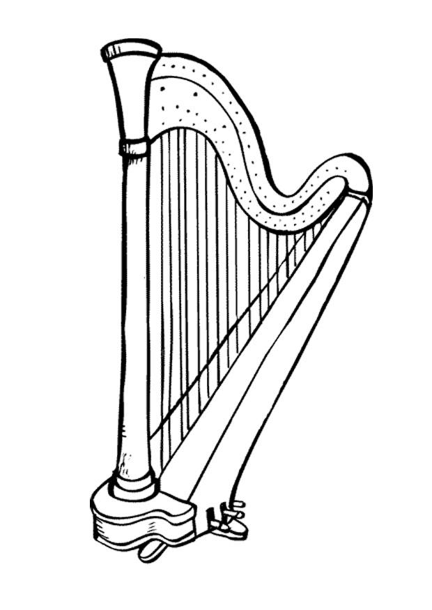 Pagina para colorir de harpa com uma forma curva e várias cordas