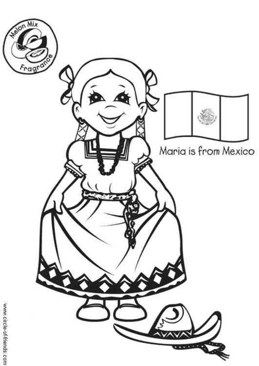 Página para colorir Maria com a bandeira mexicana 