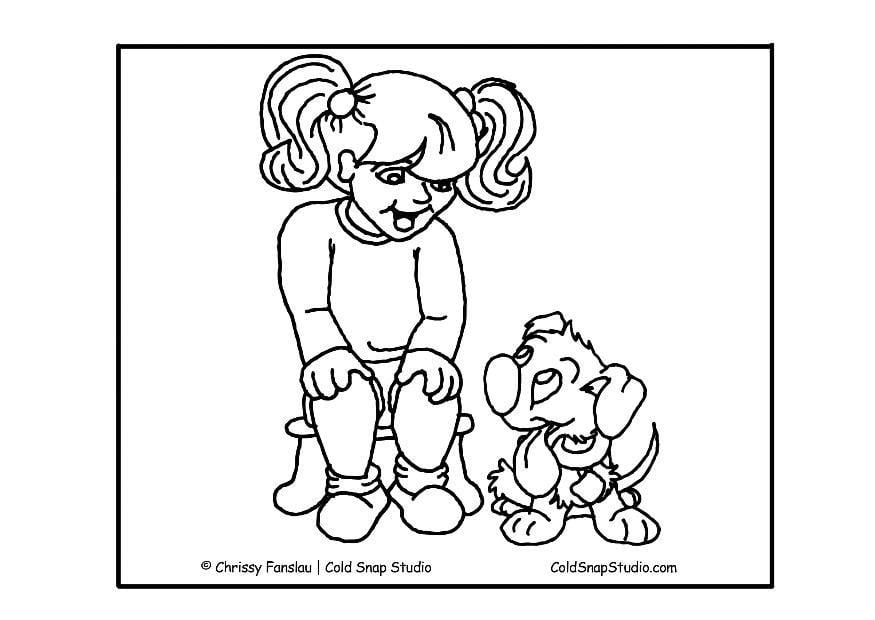 Página para colorir menina com cachorro