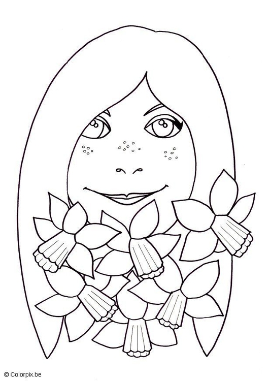 Página para colorir menina com narcisos