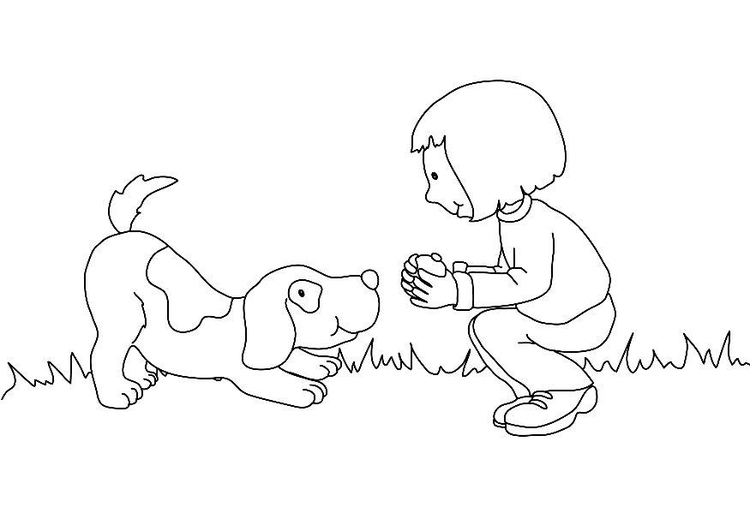 Página para colorir menina com um cachorro