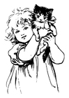 Página para colorir menina com um gato