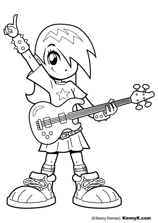 Página para colorir menina com uma guitarra 