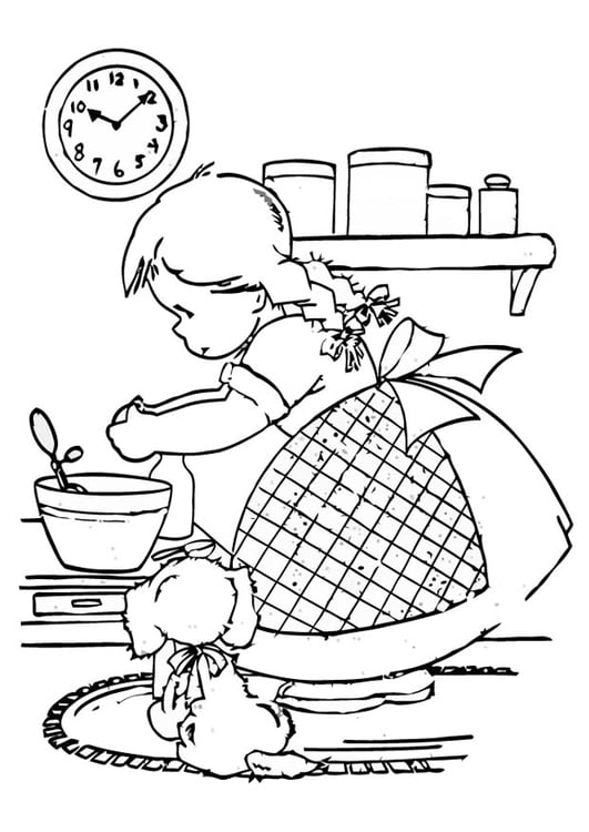 Página para colorir menina cozinhando 