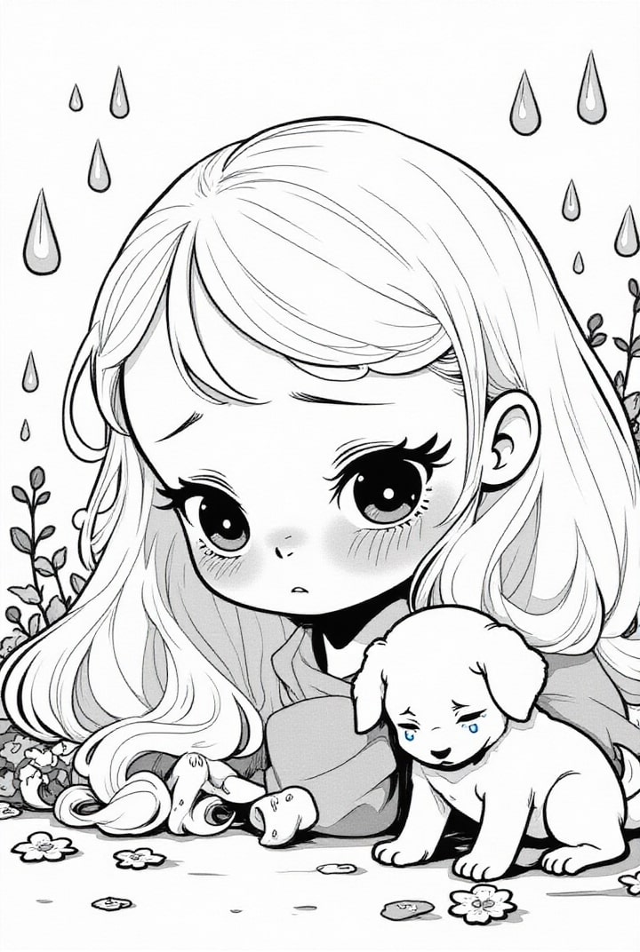 Página para colorir menina triste com cachorro