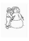 Página para colorir menino com um boneco de neve
