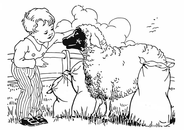 Página para colorir menino com uma ovelha 
