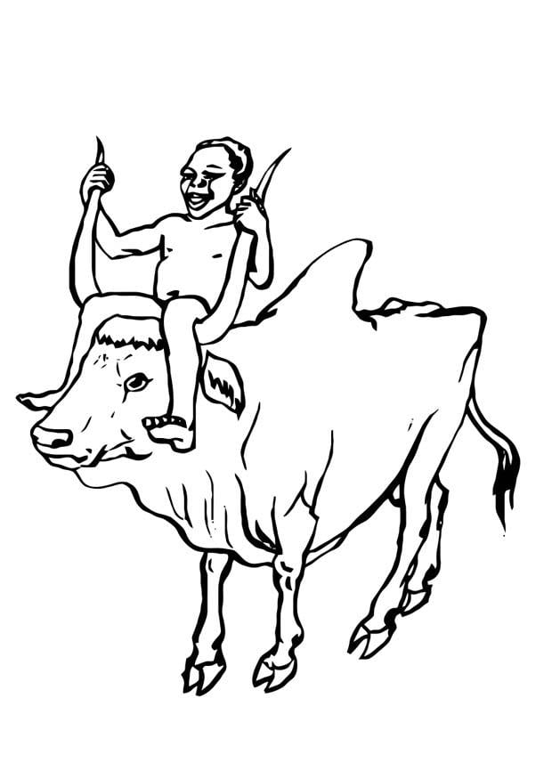 Página para colorir menino montado em uma vaca 
