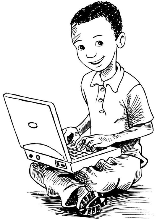 Página para colorir menino no laptop