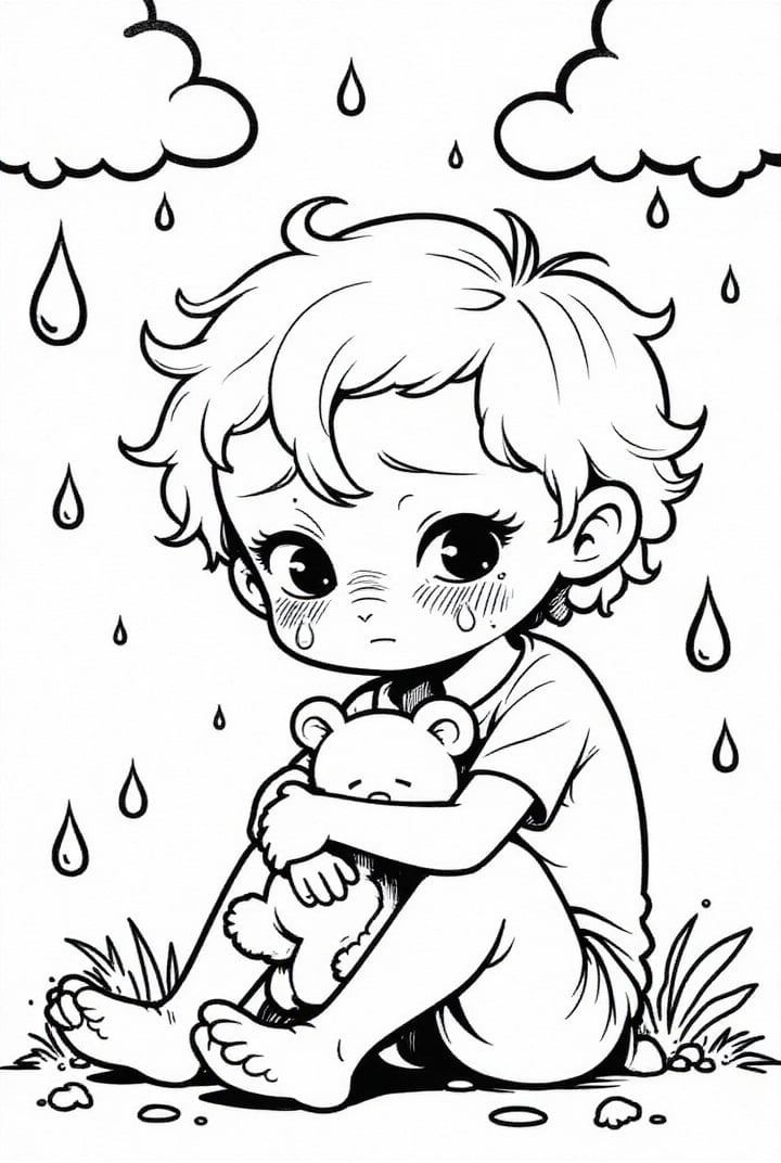 Página para colorir menino triste com urso