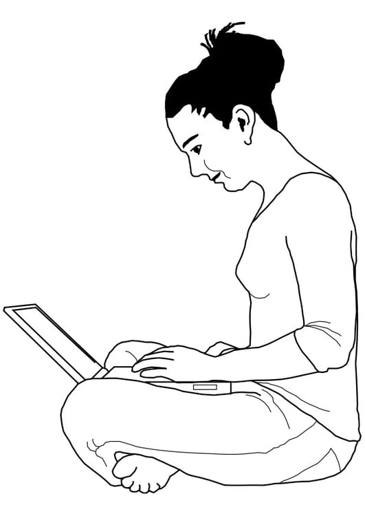 Página para colorir mulher com um computador portÃ¡til 