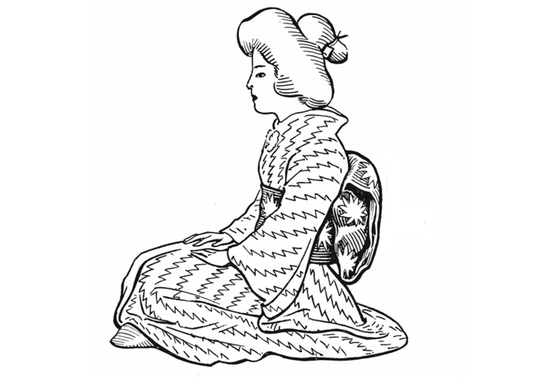 Página para colorir mulher japonesa - costume tradicional 