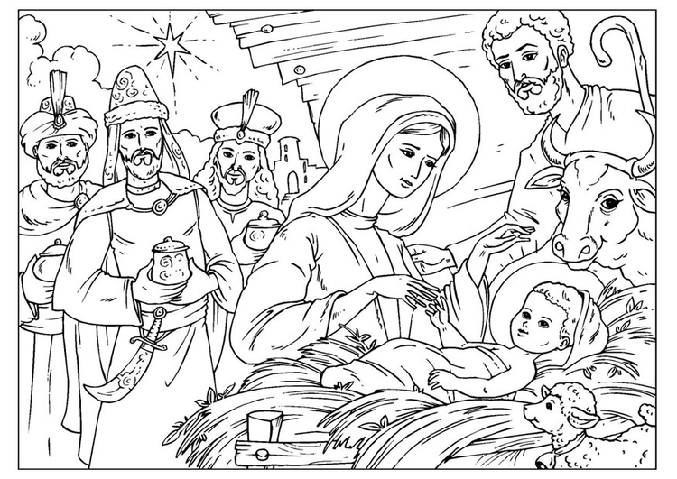 Página para colorir o nascimento de Jesus