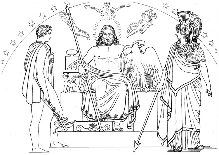 Página para colorir Odisseia - Hermes, Zeus e Atena 