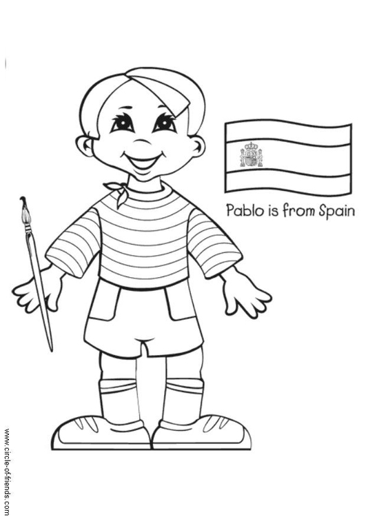 Página para colorir Pablo da Espanha com a bandeira