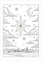 Página para colorir paisagem natalina com estrelas