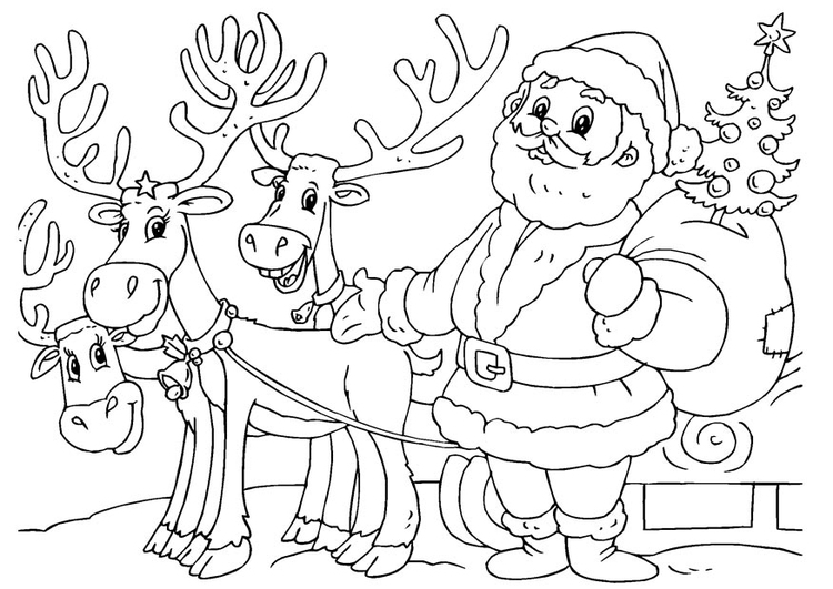 Página para colorir Papai Noel com renas