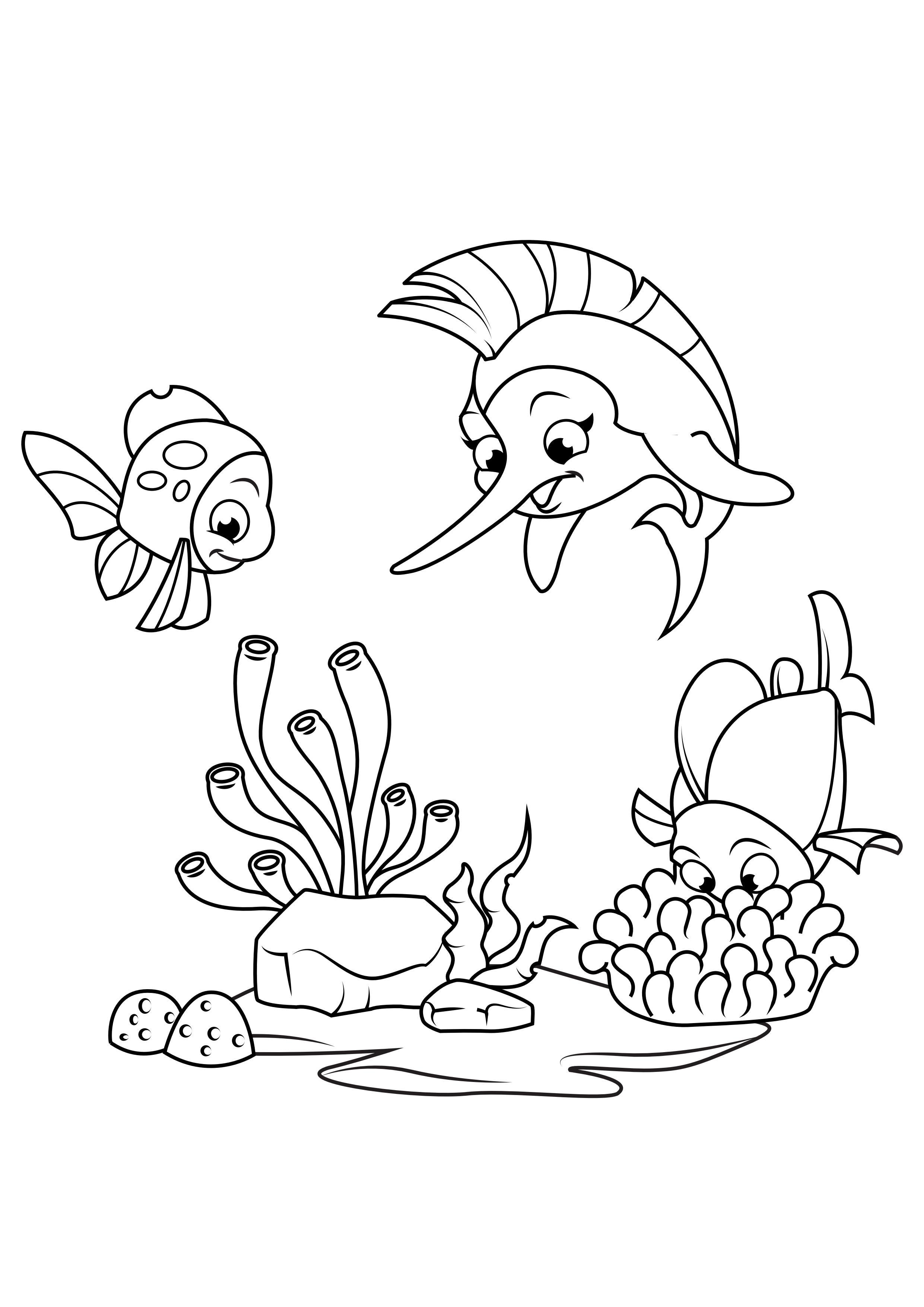 Página para colorir peixe-espada brinca com peixe