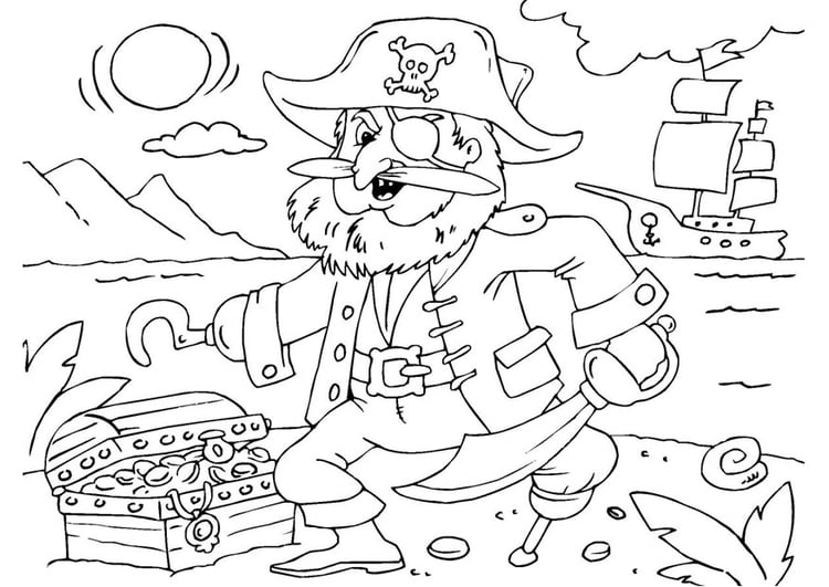 Página para colorir pirata com um tesouro