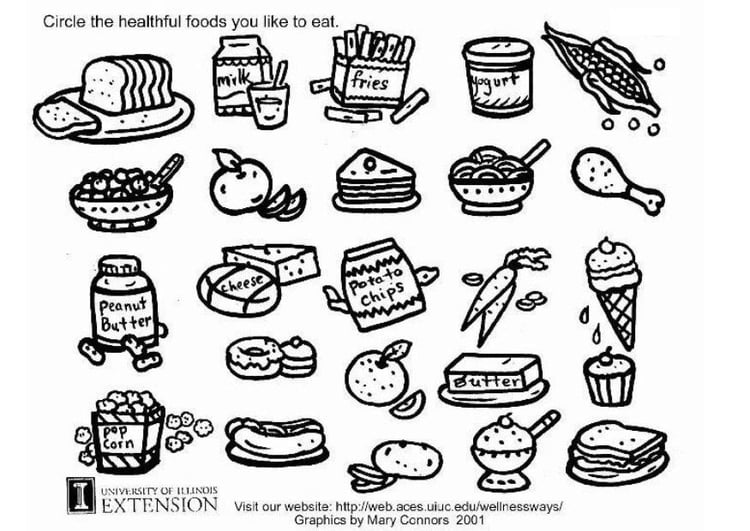 Página para colorir planilha de alimentos saudÃ¡veis