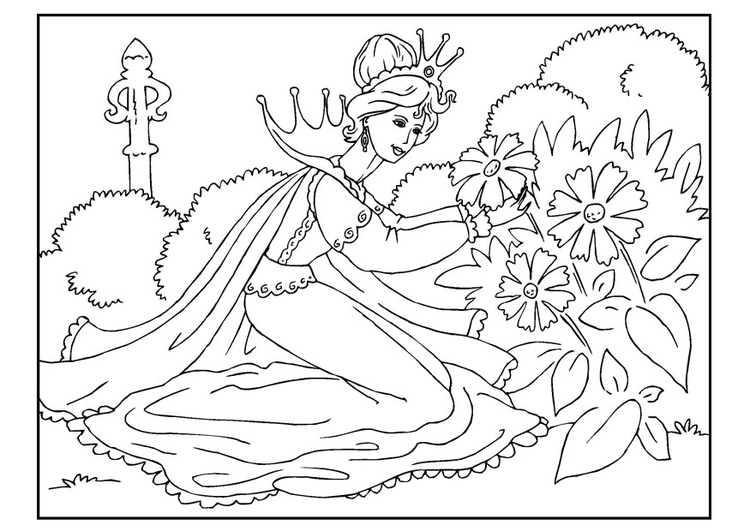 Página para colorir princesa colhendo flores 