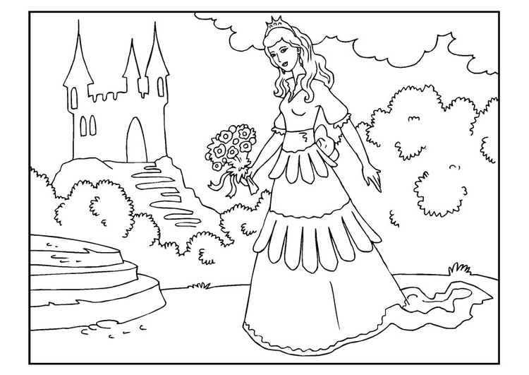 Página para colorir princesa com uma flor 