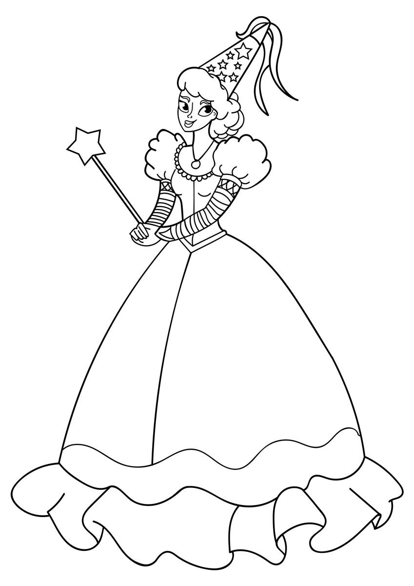 Página para colorir princesa com varinha
