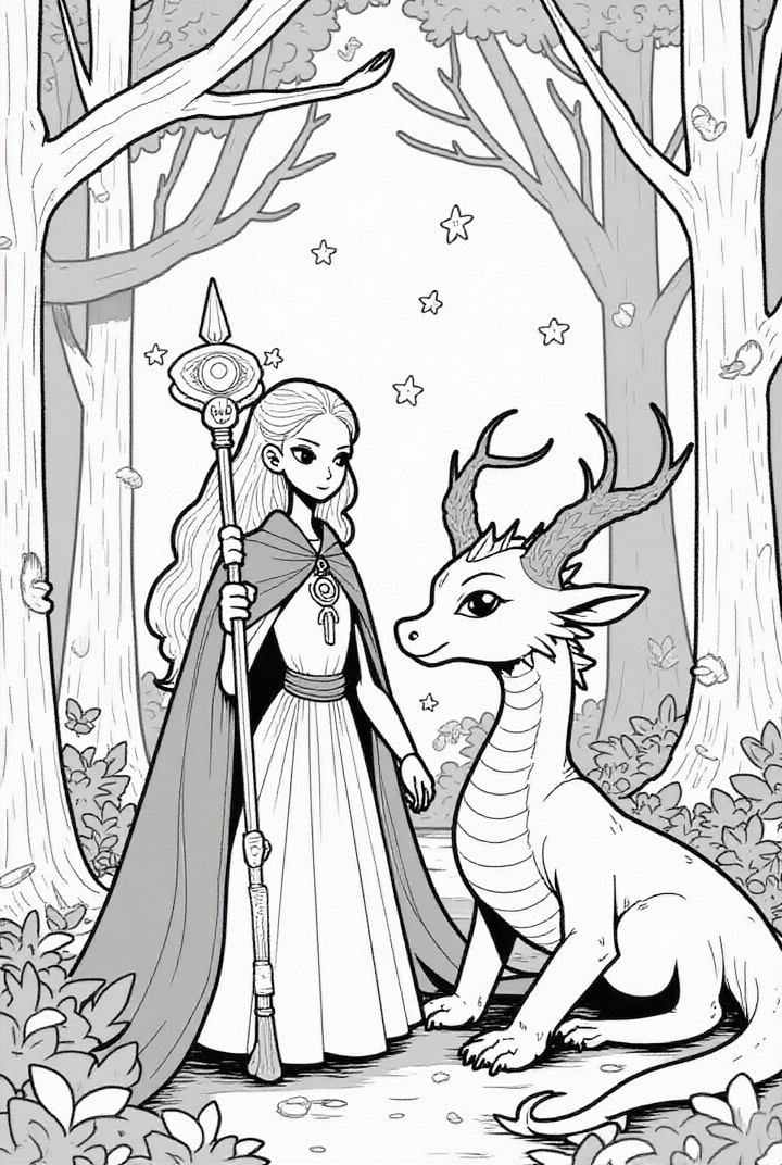 princesa na floresta com dragão