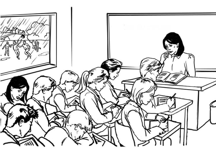 Página para colorir professora em frente a classe 