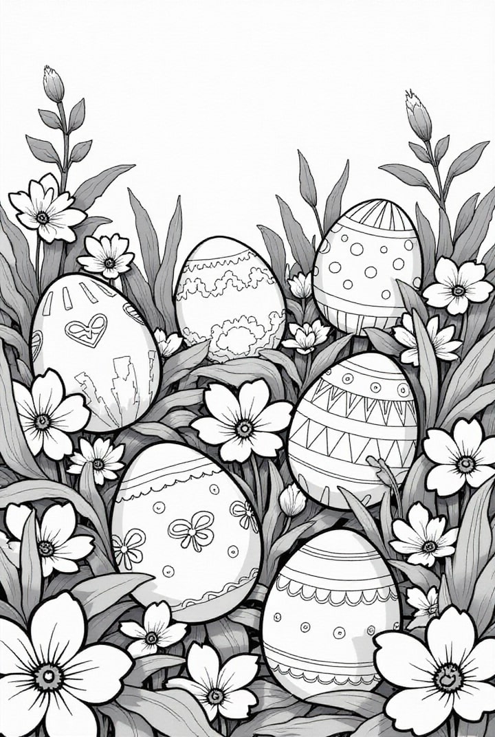 Página para colorir seis ovos de pÃ¡scoa no jardim