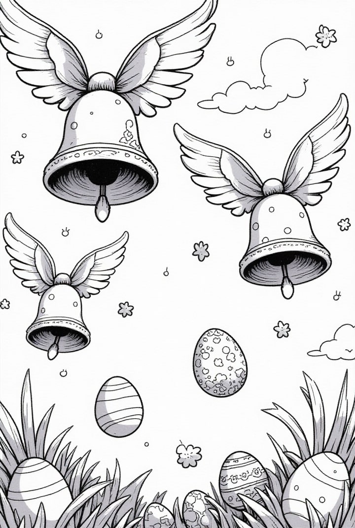Página para colorir sinos de pÃ¡scoa espalham ovos