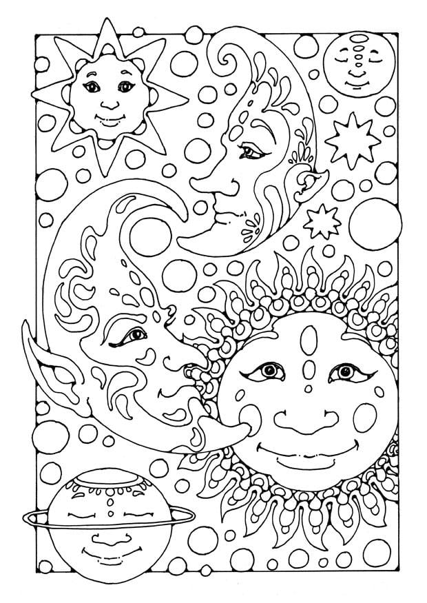 Página para colorir sol, lua e estrelas 