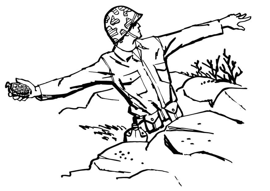 Página para colorir soldado joga uma granada 