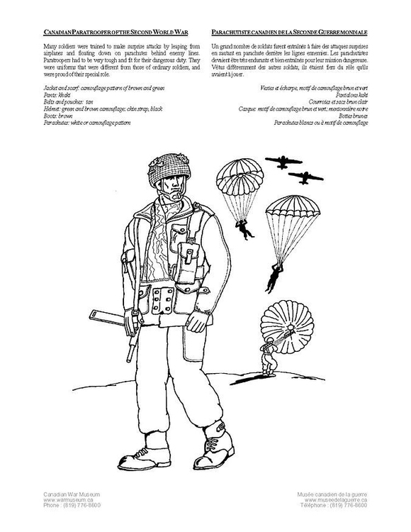 Página para colorir soldado paraquedista canadense na Segunda Guerra Mundial