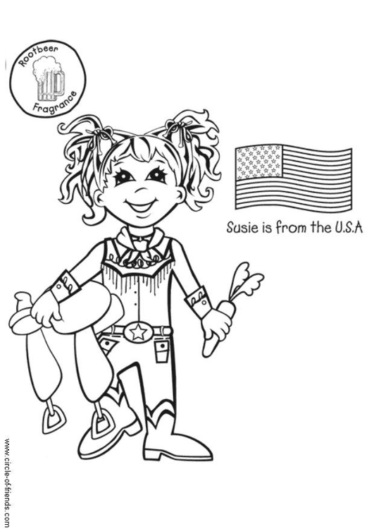Página para colorir Susie dos Estados Unidos com a bandeira