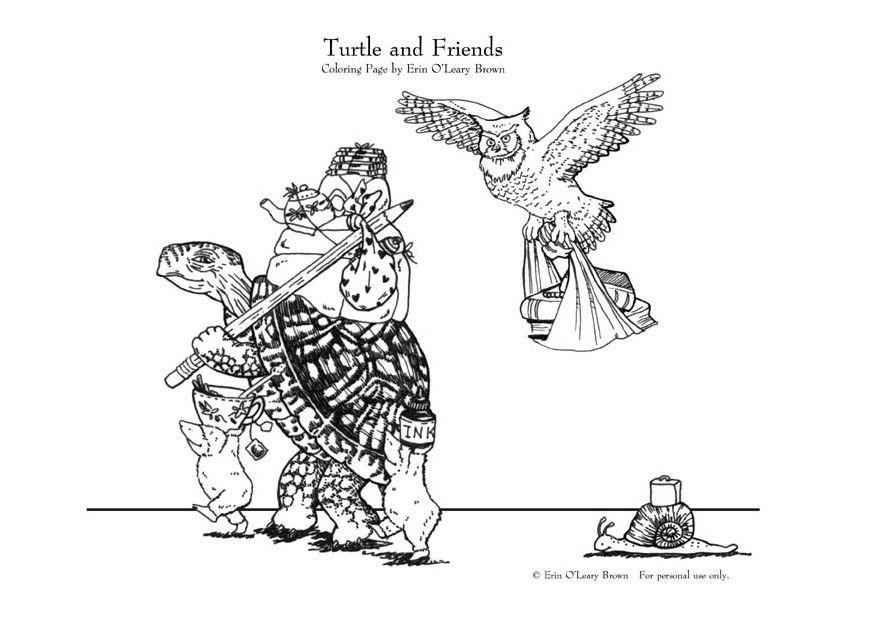 Página para colorir tartaruga e amigos