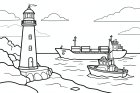um farol no porto com navios no mar