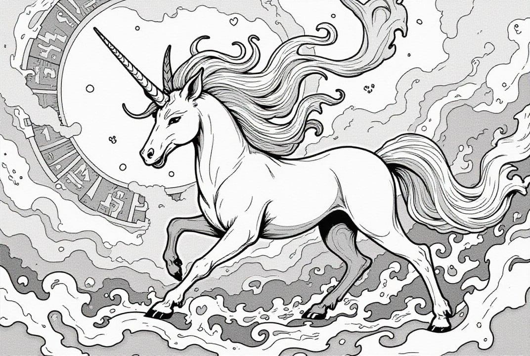 unicórnio em nuvens de magia