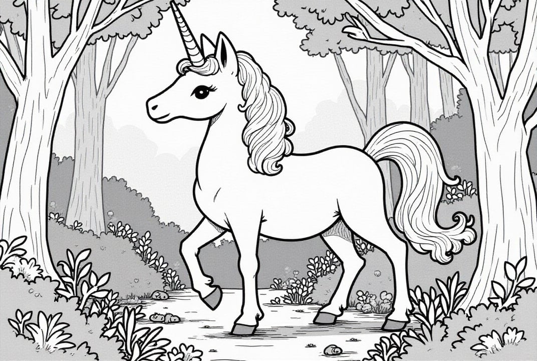 Página para colorir unicÃ³rnio na floresta