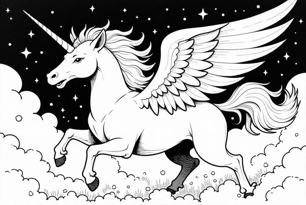 Página para colorir unicÃ³rnio na noite