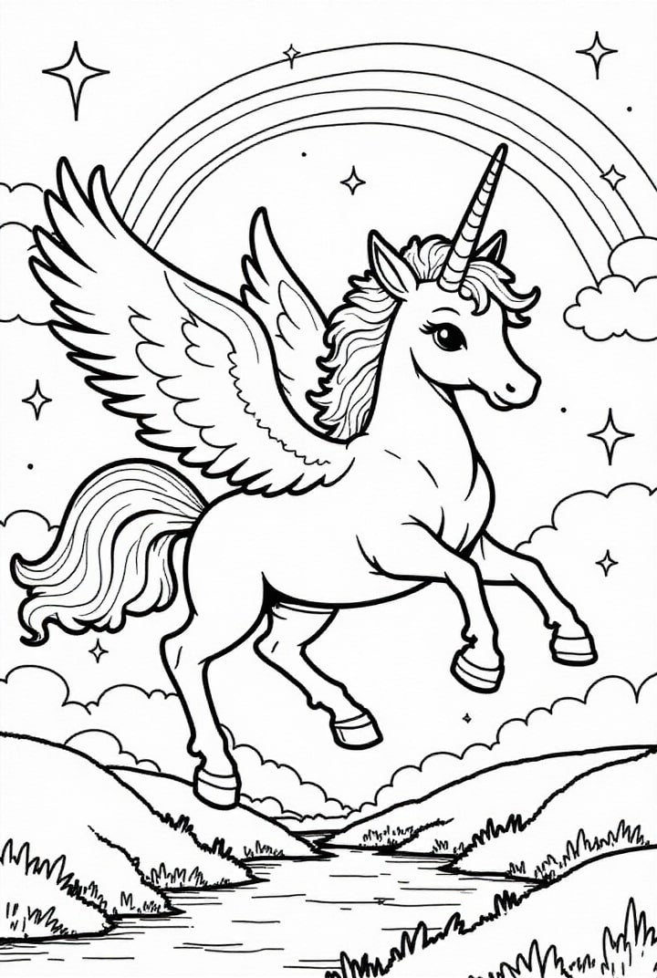 Página para colorir unicÃ³rnio voando pelo cÃ©u com arco-Ã­ris