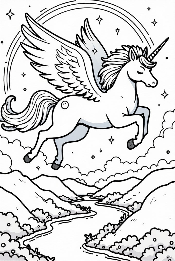 Página para colorir unicÃ³rnio voando pelo cÃ©u