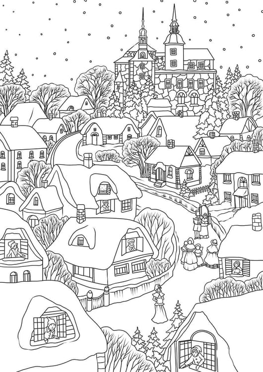 Página para colorir vila de natal